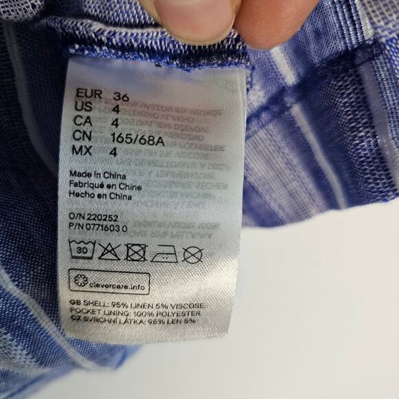 H&M Linen Blend Paperbag Skirt Minimalist Blue Stripe Button-Up Belt Sz 4 NWOT - Picture 7 of 8